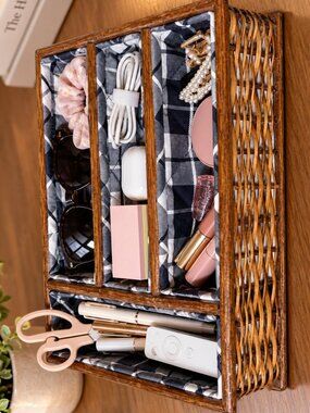 Handmade Wicker Storage Organizer Basket w/ Fabric Lining Compartments